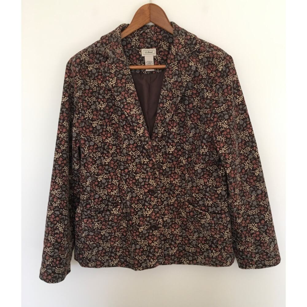 L.L. Bean Floral Corduroy Brown Multi Blazer Jacket Women 10 Petite Cottagecore